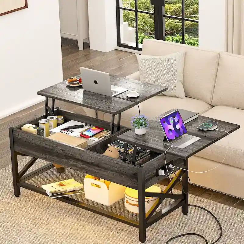 Mesa de centro elevable con luces LED y puertos USB – Marrón rústico / Roble gris / Negro / Nogal, para 2 personas
