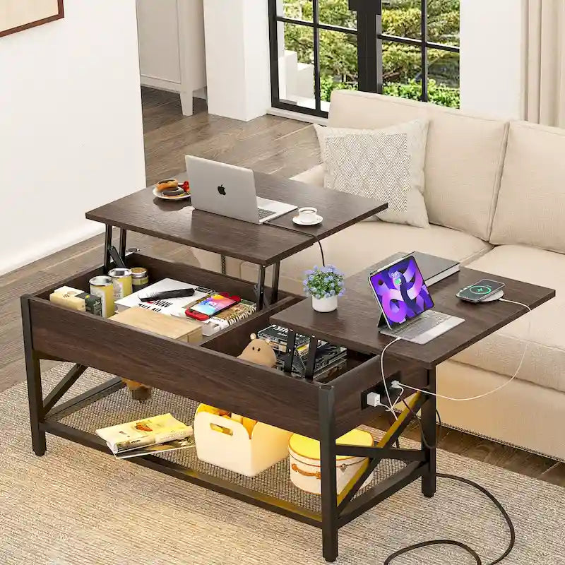 Mesa de centro elevable con luces LED y puertos USB – Marrón rústico / Roble gris / Negro / Nogal, para 2 personas