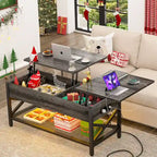 Mesa de centro elevable con luces LED y puertos USB – Marrón rústico / Roble gris / Negro / Nogal, para 2 personas