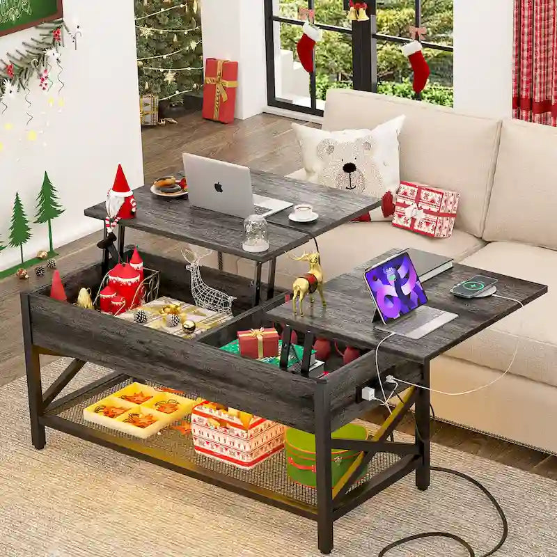 Mesa de centro elevable con luces LED y puertos USB – Marrón rústico / Roble gris / Negro / Nogal, para 2 personas
