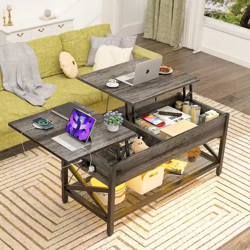 Mesa de centro elevable con luces LED y puertos USB – Marrón rústico / Roble gris / Negro / Nogal, para 2 personas