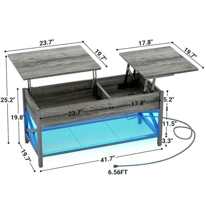 Mesa de centro elevable con luces LED y puertos USB – Marrón rústico / Roble gris / Negro / Nogal, para 2 personas