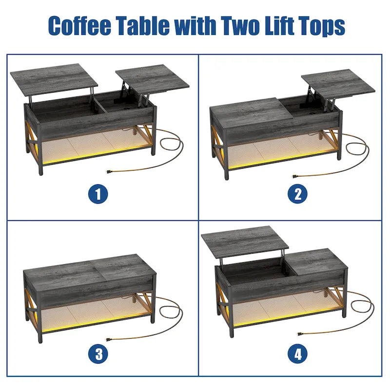 Mesa de centro elevable con luces LED y puertos USB – Marrón rústico / Roble gris / Negro / Nogal, para 2 personas
