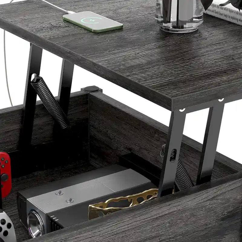 Mesa de centro elevable con luces LED y puertos USB – Marrón rústico / Roble gris / Negro / Nogal, para 2 personas