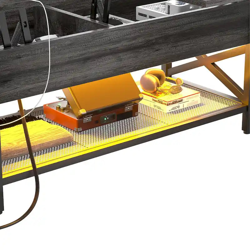 Mesa de centro elevable con luces LED y puertos USB – Marrón rústico / Roble gris / Negro / Nogal, para 2 personas