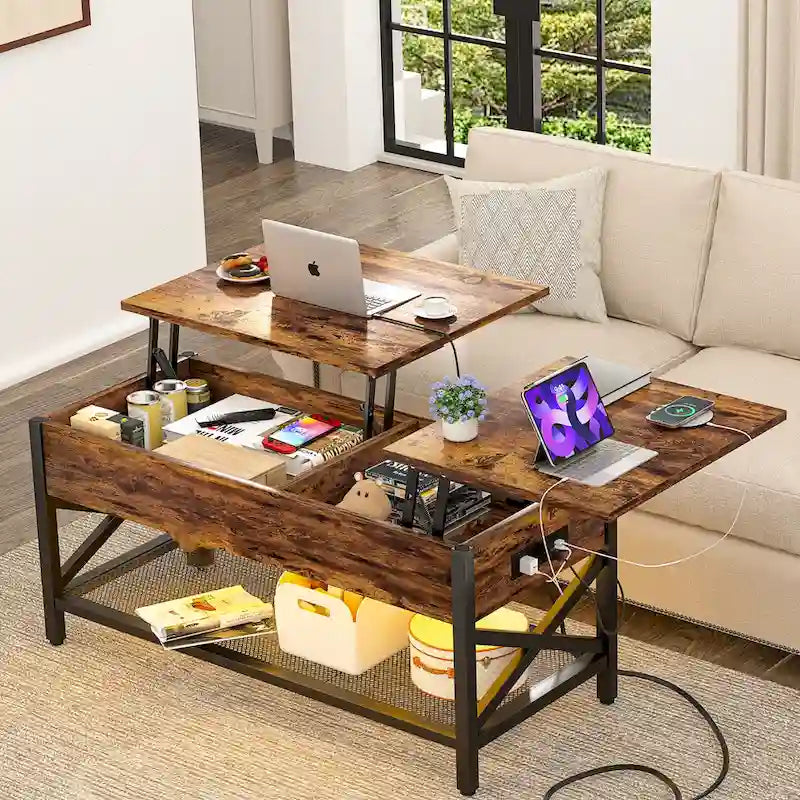 Mesa de centro elevable con luces LED y puertos USB – Marrón rústico / Roble gris / Negro / Nogal, para 2 personas