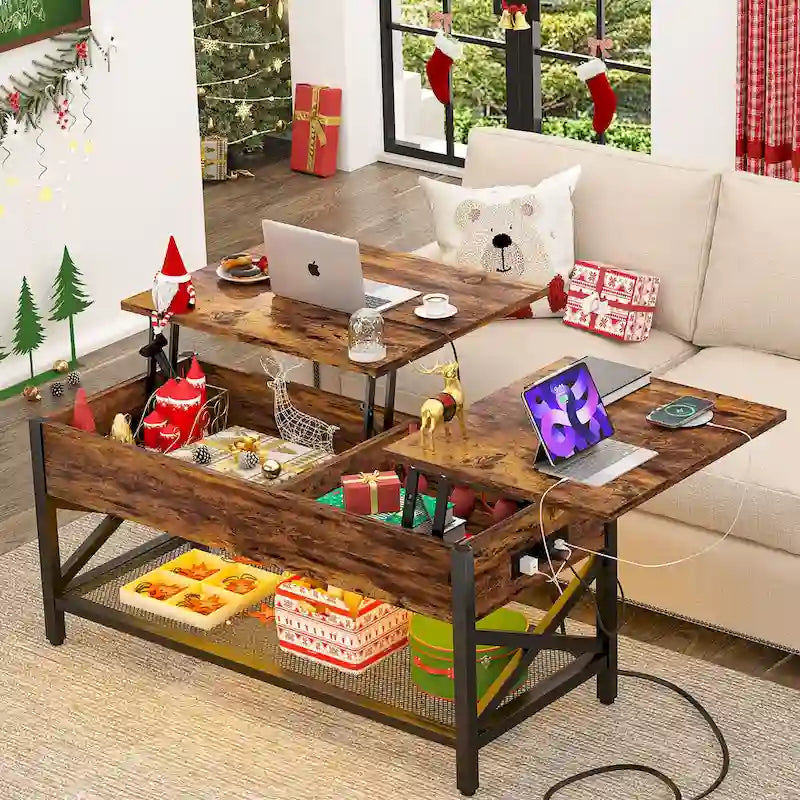Mesa de centro elevable con luces LED y puertos USB – Marrón rústico / Roble gris / Negro / Nogal, para 2 personas