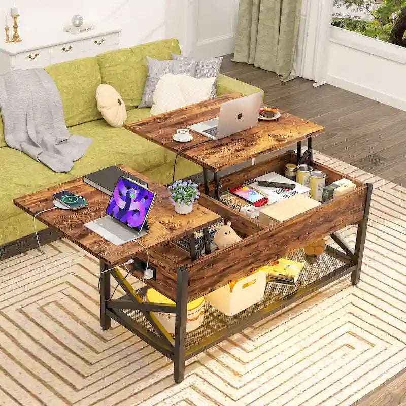 Mesa de centro elevable con luces LED y puertos USB – Marrón rústico / Roble gris / Negro / Nogal, para 2 personas