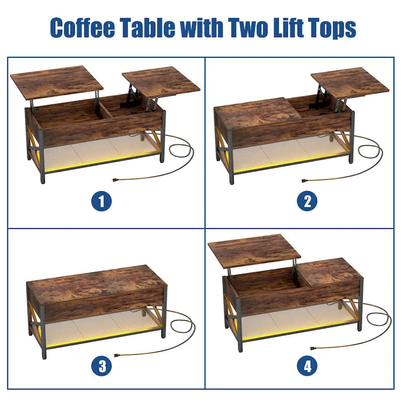 Mesa de centro elevable con luces LED y puertos USB – Marrón rústico / Roble gris / Negro / Nogal, para 2 personas
