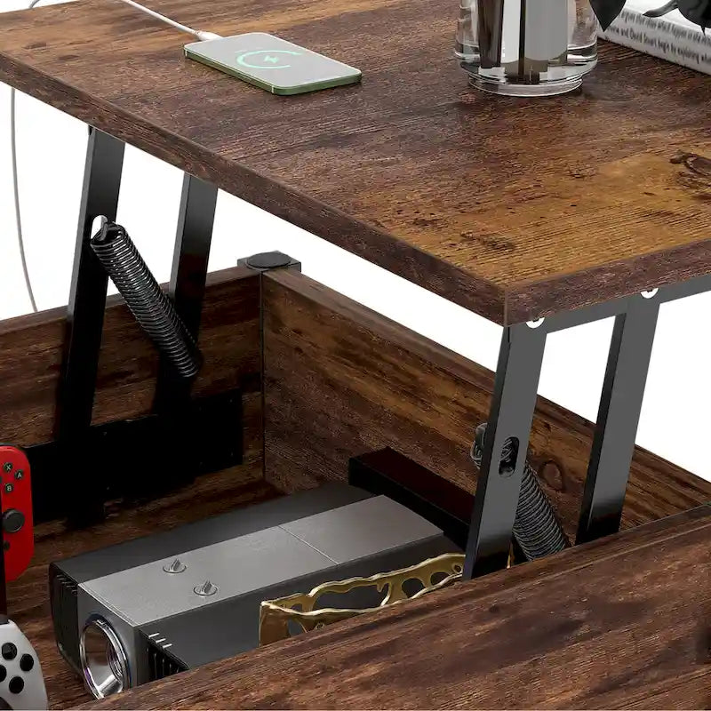 Mesa de centro elevable con luces LED y puertos USB – Marrón rústico / Roble gris / Negro / Nogal, para 2 personas