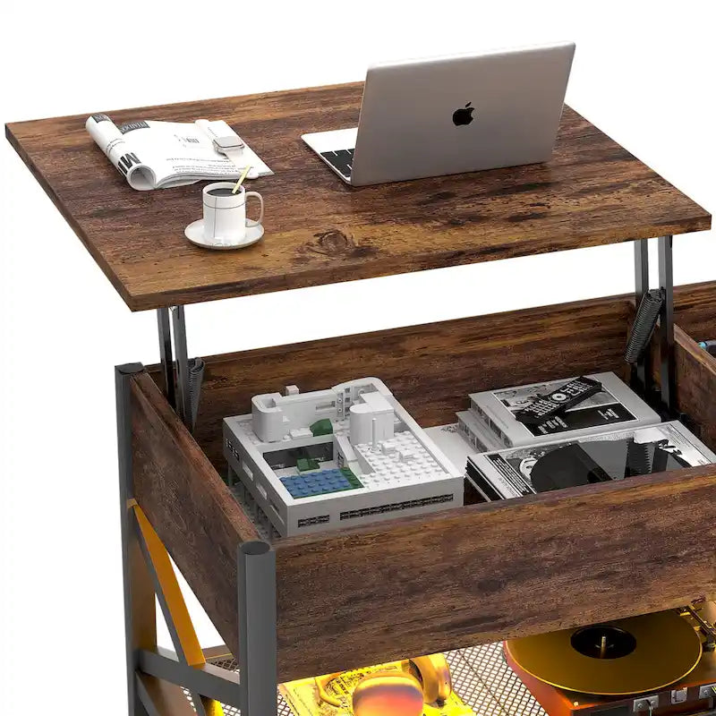 Mesa de centro elevable con luces LED y puertos USB – Marrón rústico / Roble gris / Negro / Nogal, para 2 personas