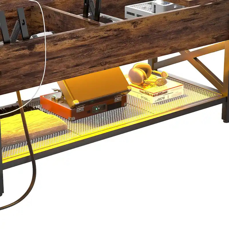 Mesa de centro elevable con luces LED y puertos USB – Marrón rústico / Roble gris / Negro / Nogal, para 2 personas