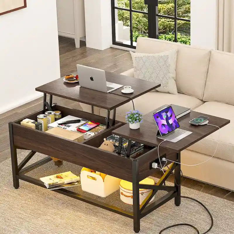 Mesa de centro elevable con luces LED y puertos USB – Marrón rústico / Roble gris / Negro / Nogal, para 2 personas