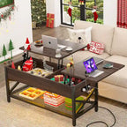Mesa de centro elevable con luces LED y puertos USB – Marrón rústico / Roble gris / Negro / Nogal, para 2 personas