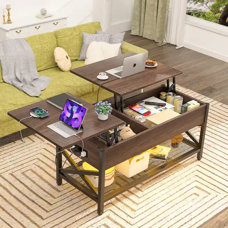 Mesa de centro elevable con luces LED y puertos USB – Marrón rústico / Roble gris / Negro / Nogal, para 2 personas