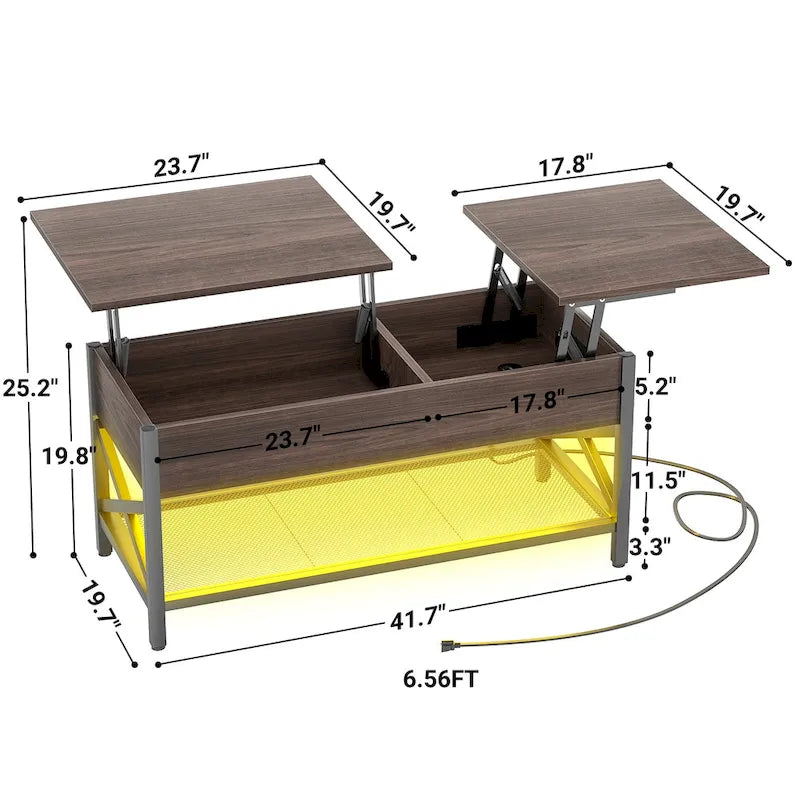Mesa de centro elevable con luces LED y puertos USB – Marrón rústico / Roble gris / Negro / Nogal, para 2 personas