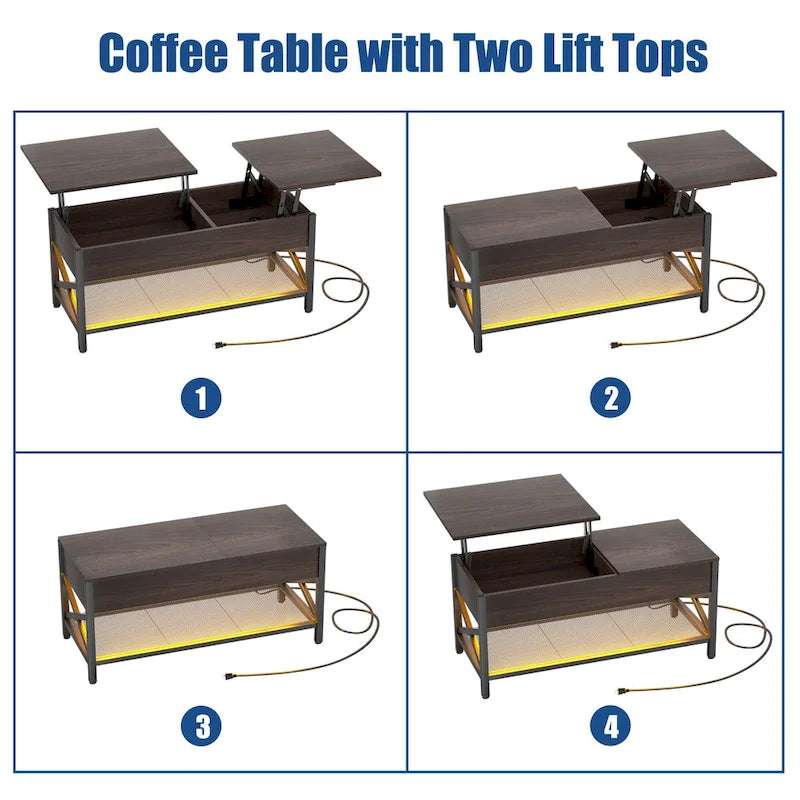 Mesa de centro elevable con luces LED y puertos USB – Marrón rústico / Roble gris / Negro / Nogal, para 2 personas