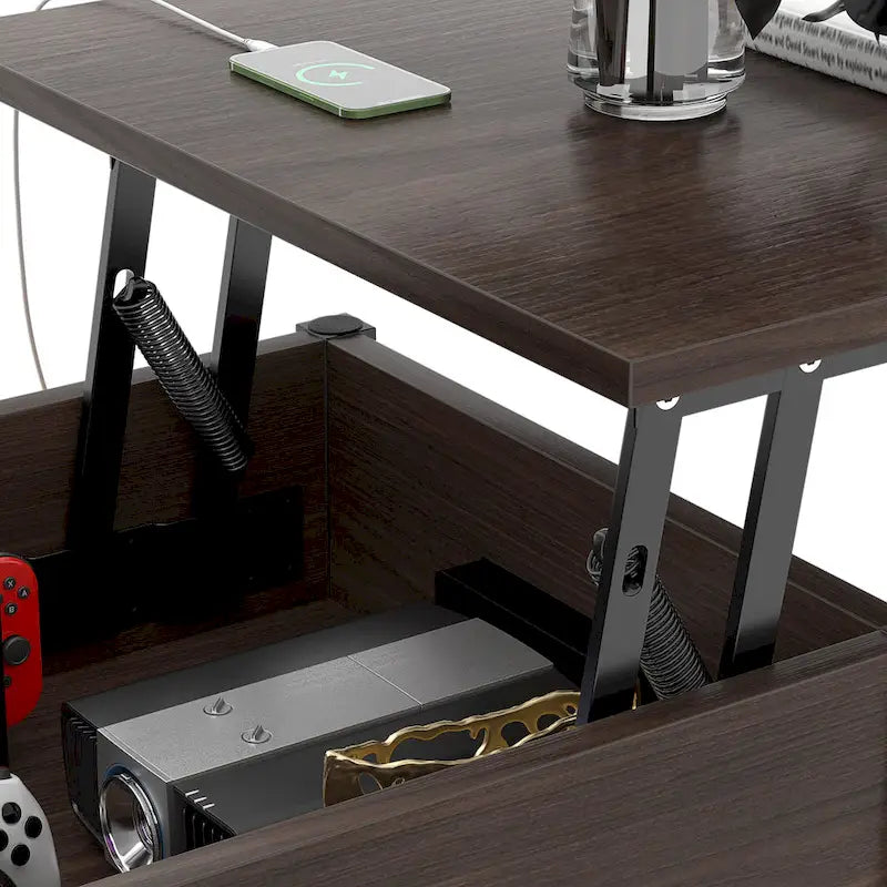 Mesa de centro elevable con luces LED y puertos USB – Marrón rústico / Roble gris / Negro / Nogal, para 2 personas