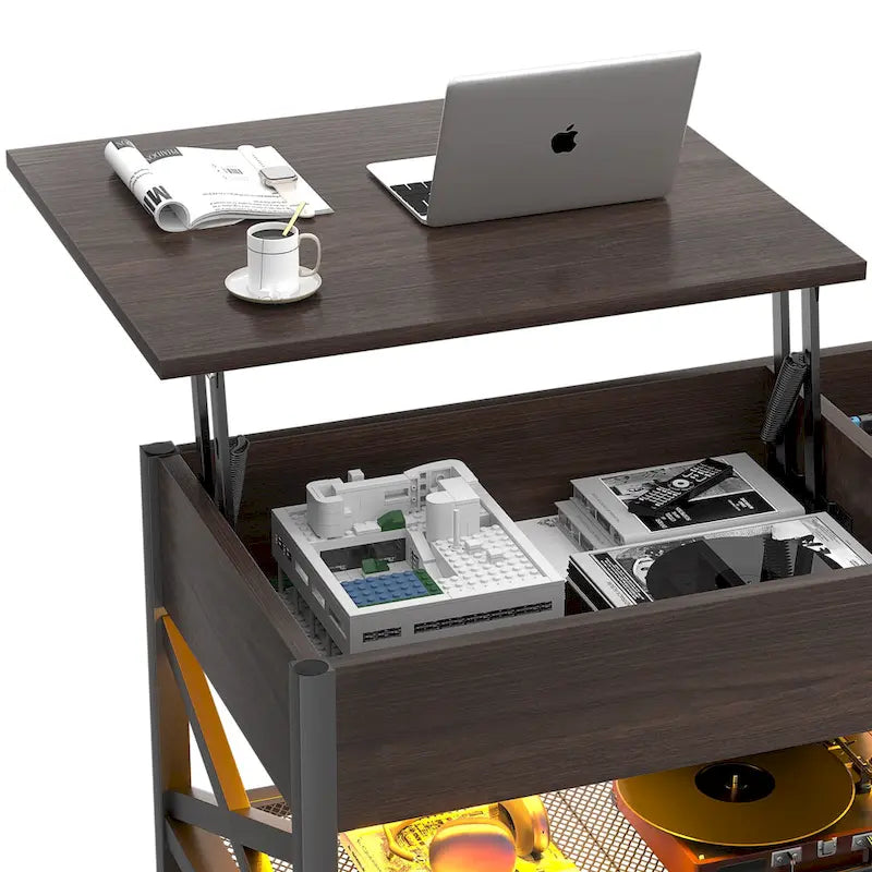 Mesa de centro elevable con luces LED y puertos USB – Marrón rústico / Roble gris / Negro / Nogal, para 2 personas