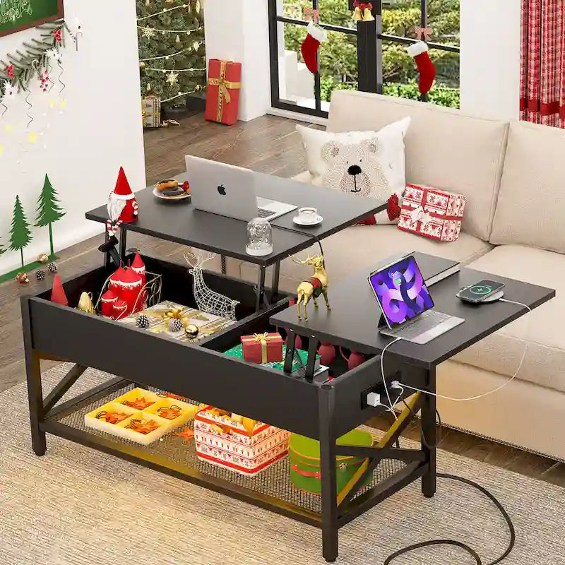 Mesa de centro elevable con luces LED y puertos USB – Marrón rústico / Roble gris / Negro / Nogal, para 2 personas