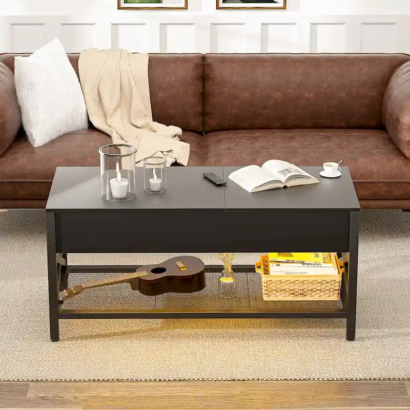 Mesa de centro elevable con luces LED y puertos USB – Marrón rústico / Roble gris / Negro / Nogal, para 2 personas