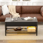 Mesa de centro elevable con luces LED y puertos USB – Marrón rústico / Roble gris / Negro / Nogal, para 2 personas