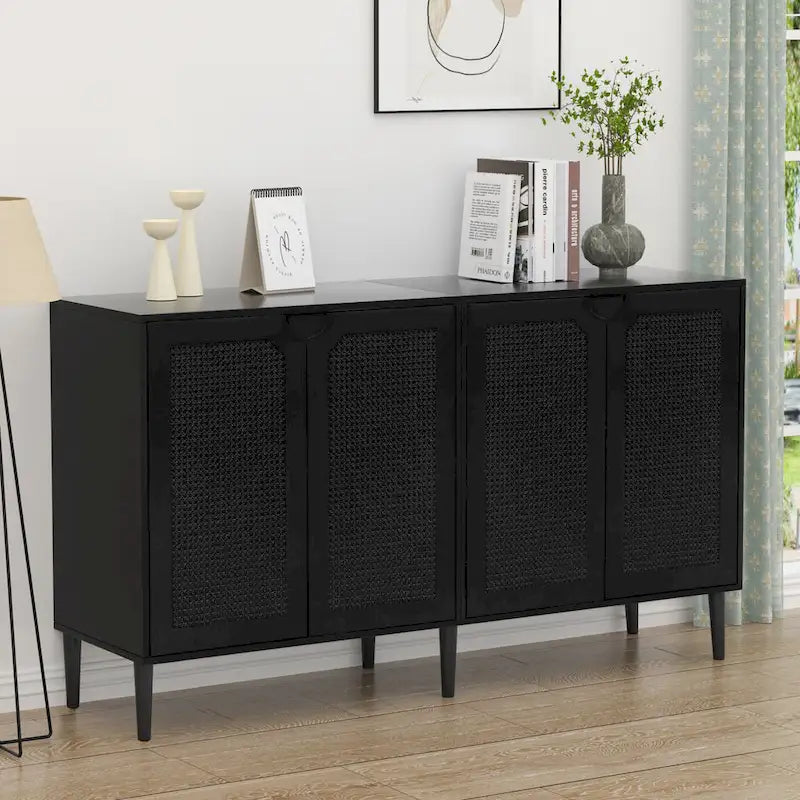 Aparador Buffet de Ratán Negro de 4 Puertas, Montaje para 1 Persona
