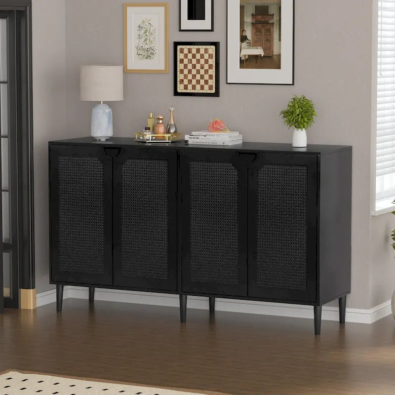 Aparador Buffet de Ratán Negro de 4 Puertas, Montaje para 1 Persona