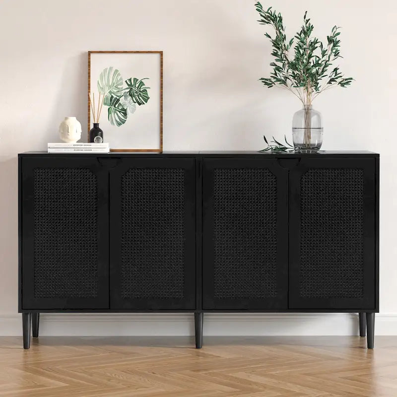 Aparador Buffet de Ratán Negro de 4 Puertas, Montaje para 1 Persona