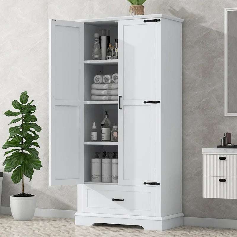 Armario alto de almacenaje pintado de blanco — 2 puertas, 1 cajón, estante ajustable