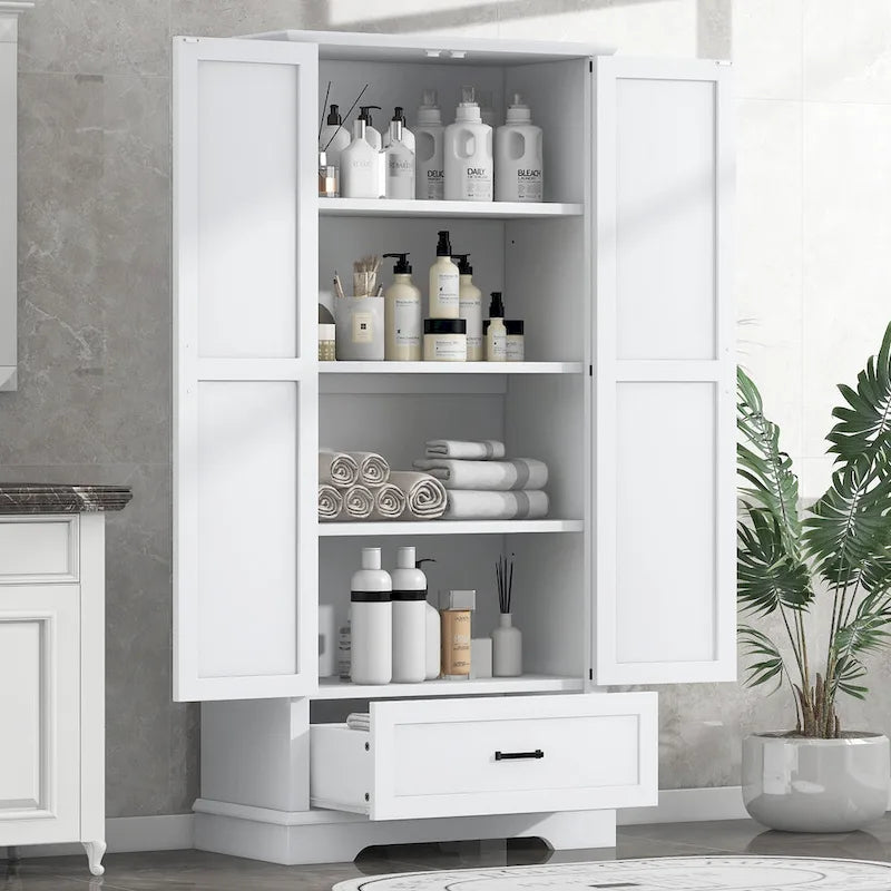 Armario alto de almacenaje pintado de blanco — 2 puertas, 1 cajón, estante ajustable