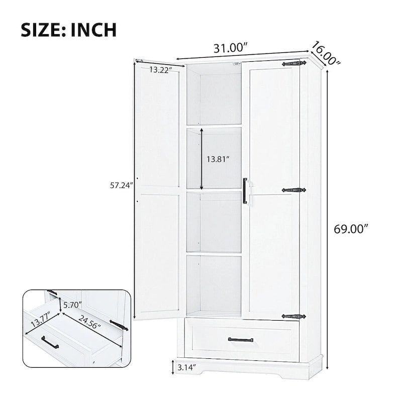 Armario alto de almacenaje pintado de blanco — 2 puertas, 1 cajón, estante ajustable