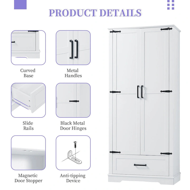Armario alto de almacenaje pintado de blanco — 2 puertas, 1 cajón, estante ajustable