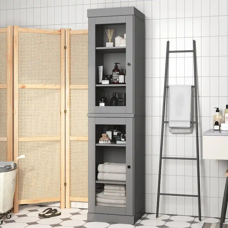 Mueble de baño de madera maciza en blanco / gris / azul verdoso / moca / negro — Cristal, esmerilado, estilo sólido o abierto, montaje para 1 persona