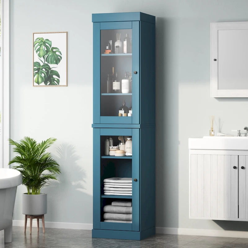 Mueble de baño de madera maciza en blanco / gris / azul verdoso / moca / negro — Cristal, esmerilado, estilo sólido o abierto, montaje para 1 persona