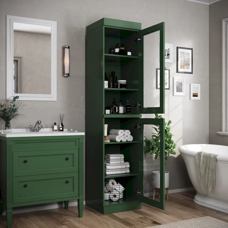 Mueble de baño de madera maciza en blanco / gris / azul verdoso / moca / negro — Cristal, esmerilado, estilo sólido o abierto, montaje para 1 persona